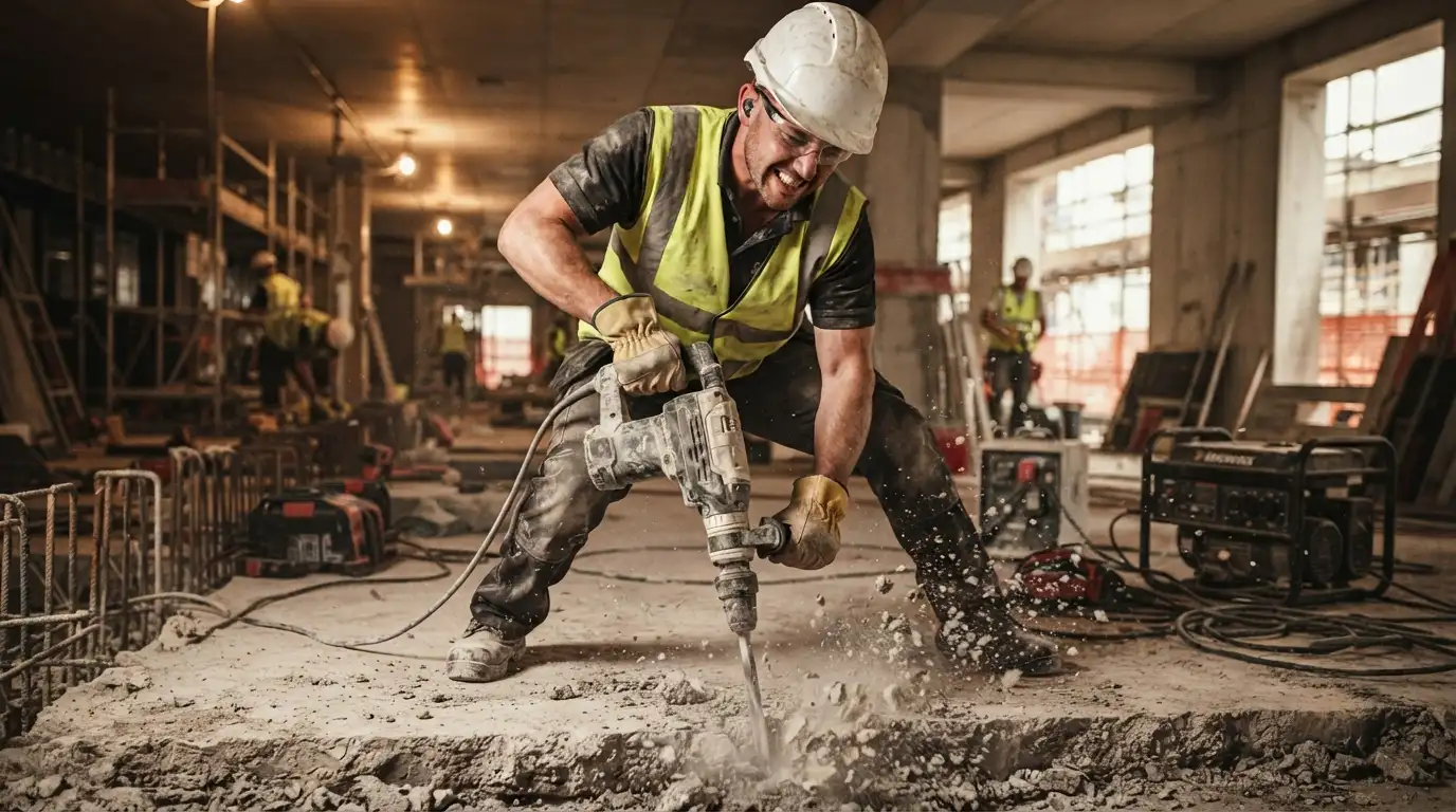 Construction worker in safety gear using a heavy SDS-Max rotary hammer to chisel through a thick concrete slab, visible strain and debris