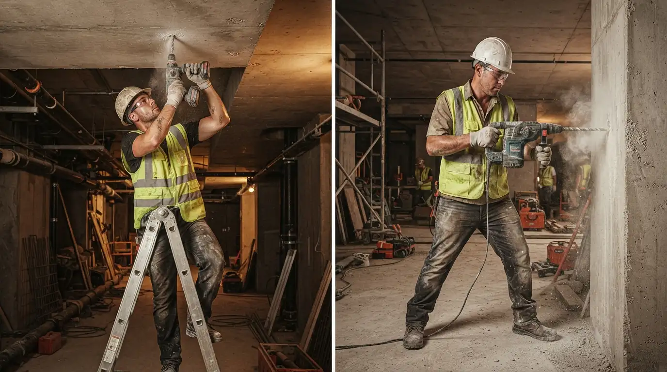 Split comparison: a worker drilling overhead with a lightweight rotary hammer on the left, and a worker drilling a concrete wall with a standard-duty rotary hammer on the right