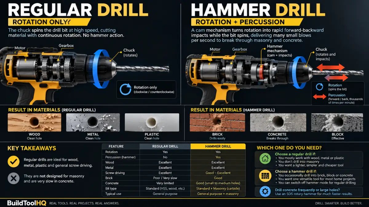 Cutaway comparison of a regular drill and a hammer drill. The regular drill shows motor, gearbox and chuck with rotation only. The hammer drill adds a cam hammer mechanism between gearbox and chuck, giving rotation plus forward and back percussion. Below, drilled results in wood, metal and plastic for the regular drill and brick, concrete and block for the hammer drill, with a feature table comparing the two.
