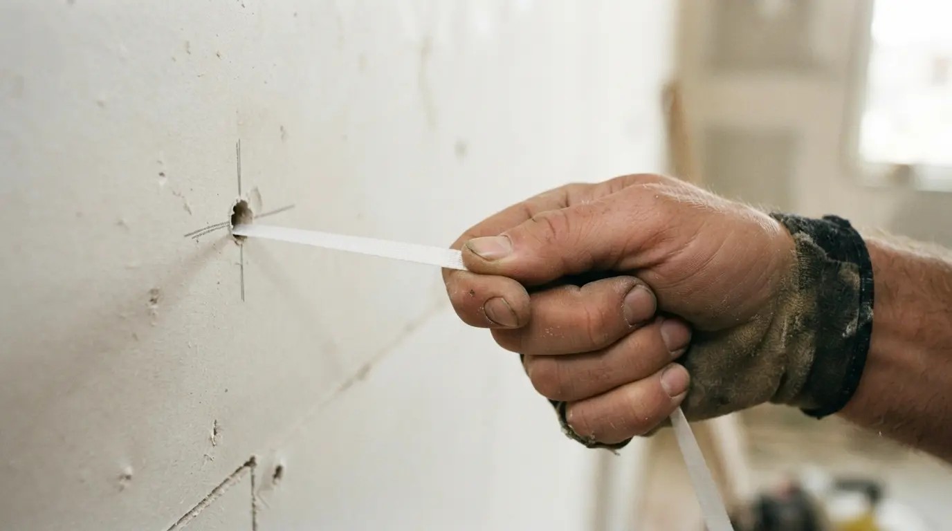 A gloved hand pulling a white SnapToggle strap taut through a drilled hole in drywall, pencil crosshair marks visible around the hole