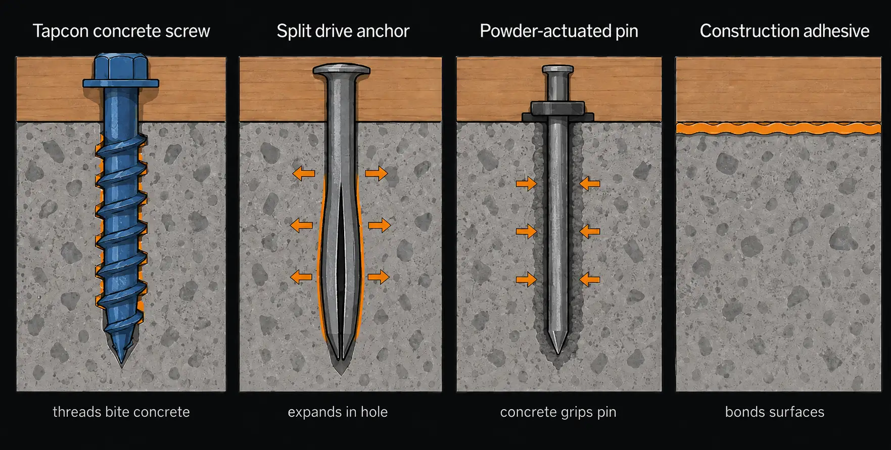 Cross-section comparison of four wood-to-concrete fastening methods: a Tapcon screw with threads cutting into the hole wall, a split drive anchor whose compressed shank springs outward against the concrete, a powder-actuated pin gripped by displaced concrete, and construction adhesive bonding the surfaces without penetrating.